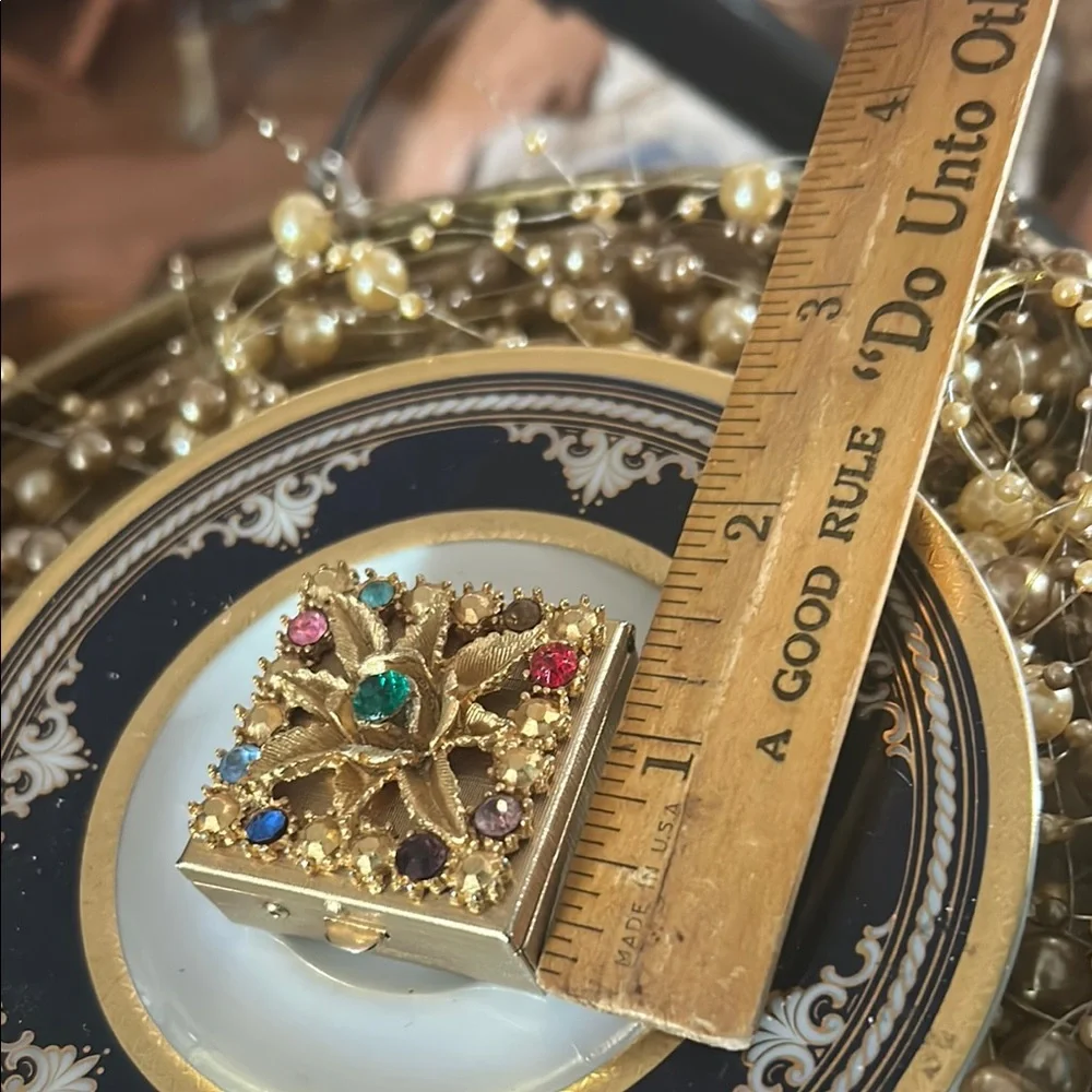 Vintage Gold & Rhinestone Pill Box